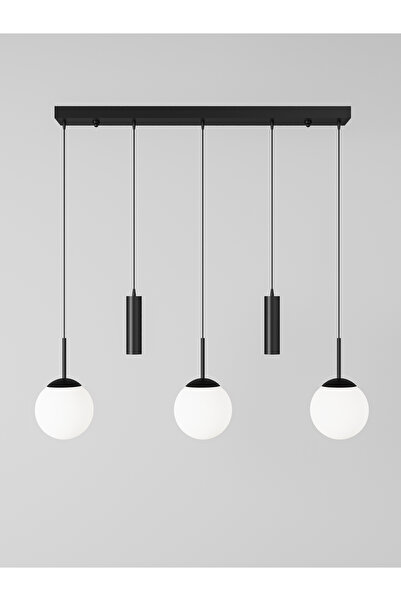 avizade NARA Siyah Metal Gövdeli 5'li Modern Sıralı Sarkıt Avize- 2 Spot Led 3 Beyaz Cam Küre Avize