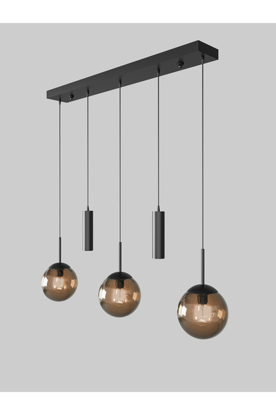 avizade NARA Siyah Metal Gövdeli 5'li Modern Sıralı Sarkıt Avize- 2 Spot Led 3 Bal Cam Küre Avize