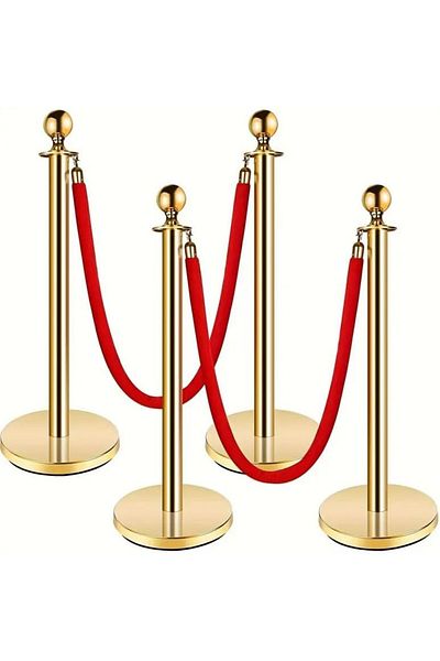 Generic Golden Stainless Steel Stanchion Posts with Red Velvet Ropes, 93.98cm Tall, Crowd Control Barriers