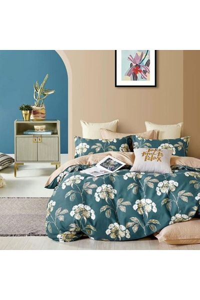Ralex Lenjerie pat dublu 6 piese Percale Bumbac 100%, Flori Verde / Bej, Pucioasa