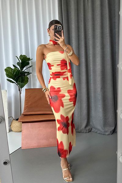 Mine Tan Butik Papaver Pattern Strapless Blouse Pencil Skirt Set - Yellow