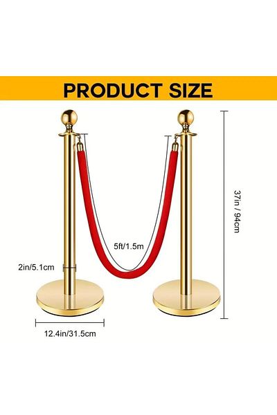 Generic Golden Stainless Steel Stanchion Posts with Red Velvet Ropes, 93.98cm Tall, Crowd Control Barriers