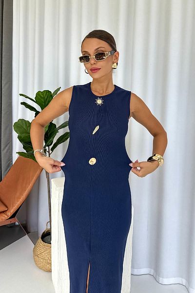 Mine Tan Butik Οθωμανικό φόρεμα με λαιμόκοψη με τρία κουμπιά - Navy Blue