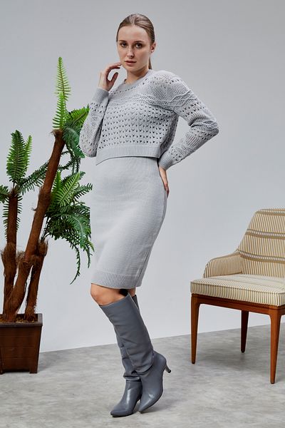 LUGMO Women's Knitwear Suit Perforated Sweater and Suspender Dress Standard Size Gray
