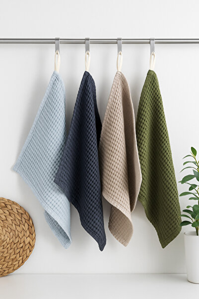 Calista home Waffle Dokulu Pamuklu Mutfak & El Havlusu Kurulama Bezi 4'lü Set – Soft Renkler