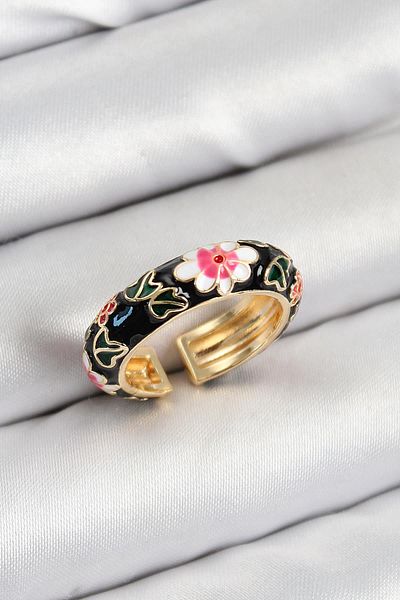 Celira Brass Black Enamel Flower Motif Gold Color Adjustable Women's Ring