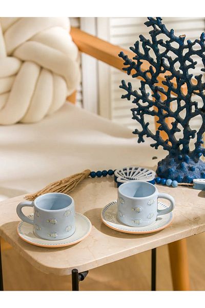 LC Waikiki Lcw Home Mixed Fish Printed Ceramic Coffee Cup Set for 2 People 100 ml