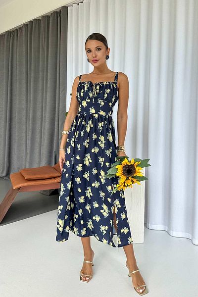 Mine Tan Butik Sleeveless Chest Drawstring Detailed Strap Lemon Pattern Long Dress - Navy Blue