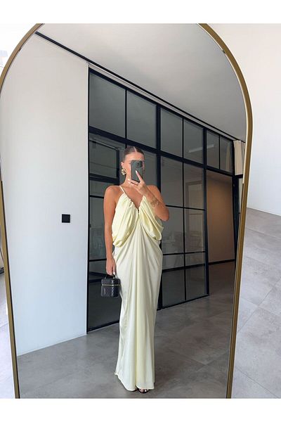 BB Bensu Buyruk Side Decoletted Dress in Yellow Satin