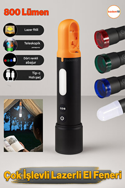 Badem10 El Feneri 800 Lümen 2000 Metre Menzil 1200 mAh Şarjlı Powerbank Ledli...
