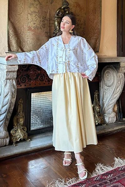 Ceylan Otantik Kurdale Detail 2 Bow Jacket & Butter Yellow Balloon Skirt Set