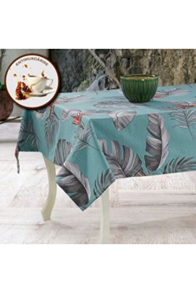 Ralex Anti-stain Tablecloth 100% Cotton 160 x 320 cm, Exotic Leaves Blue