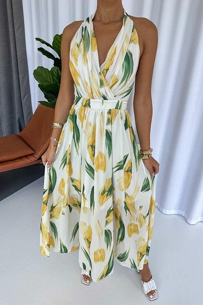 Mine Tan Butik Rochie lungă din șifon cu model lalele - galbenă