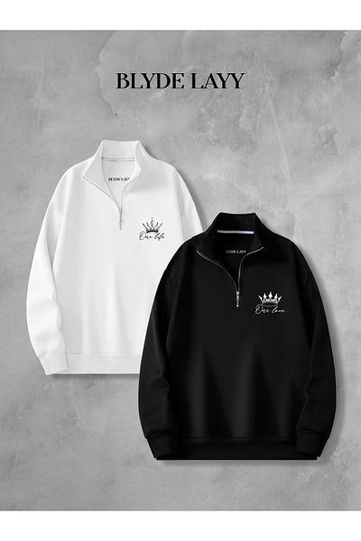 BLYDE LAYY King-Queen Black-White 3-Thread Half Zipper Double Sweatshirt Lover Couple Combination