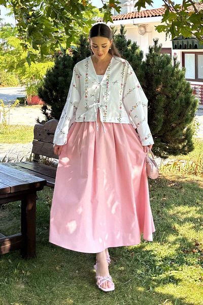 Ceylan Otantik Pink Ribbon Detail 2 Bow Jacket & Soft Pink Balloon Skirt Set