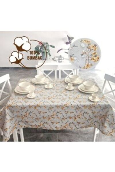 Ralex Anti-stain Tablecloth 100% Cotton Diameter 180 cm, Flowers and Branches...
