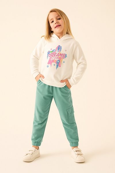 ESİLA KİDS Girl's Set Hooded Sweatshirt and Cargo Pocket Sweatpants 2-Piece Sports Combination 4-8 Years