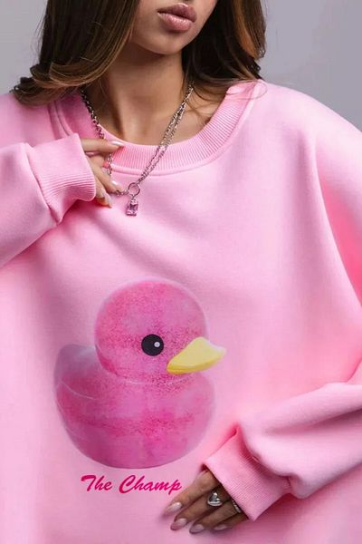 The Champ Clothing Women's White Crew Neck Sweatshirt Dress – Pink Duck Printed 3 Thread Raised Oversize