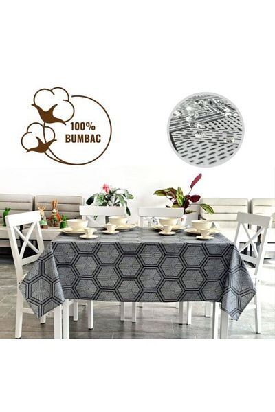 Ralex Anti-Stain Tablecloth 100% Cotton Diameter 160 cm, Hexagon Black