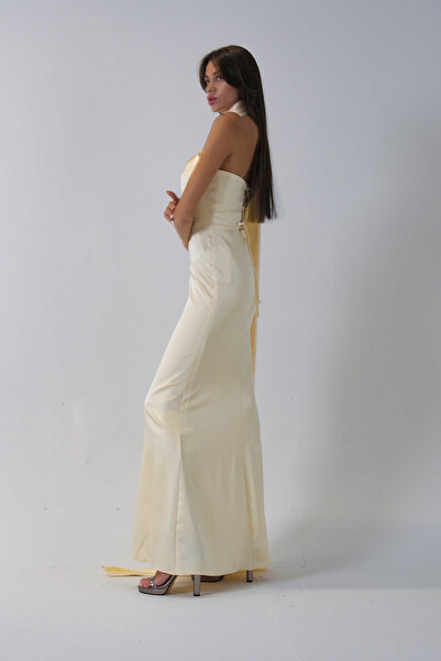 Feminist Yaka Kuşak Detaylı Tek Omuz Abiye Sarı 0801099