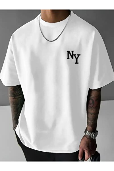 FUFLUNS تي شيرت برقبة دائرية كبيرة الحجم مطبوع من نيويورك