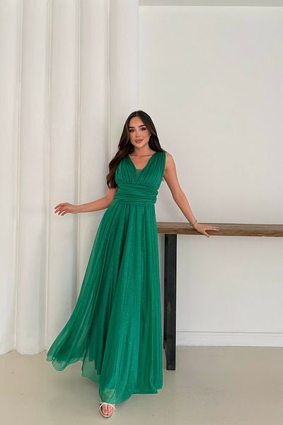 Neşeli Butik Women's Emerald Green Silvery Plus Size Evening Dress Rys9223