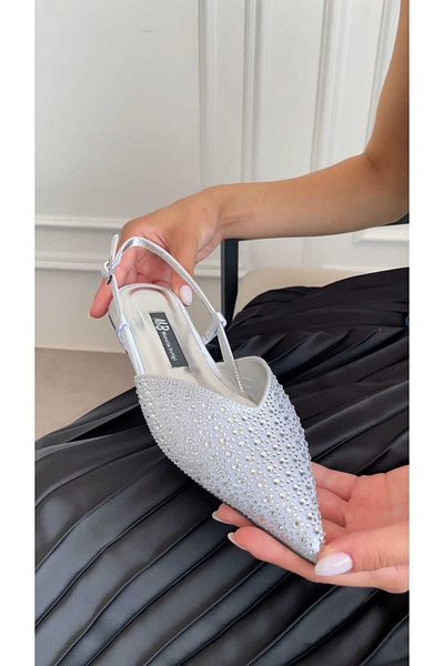 M&B Satin Stone Detail Women's Ballet Shoes Silver Color 36 Large Size 2 cm Heel between 43