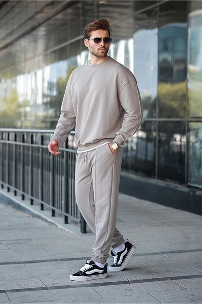 Madmext Painted Gray Crew Neck Basic Men's Tracksuit Set E7323