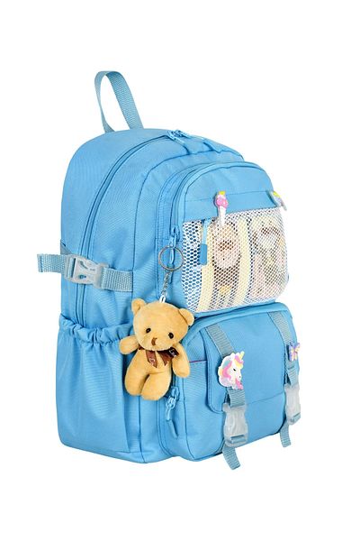 KAFF Blue Korean Style Multi-Pocket Primary School Children's Backpack with Teddy Bear Accessory -25002