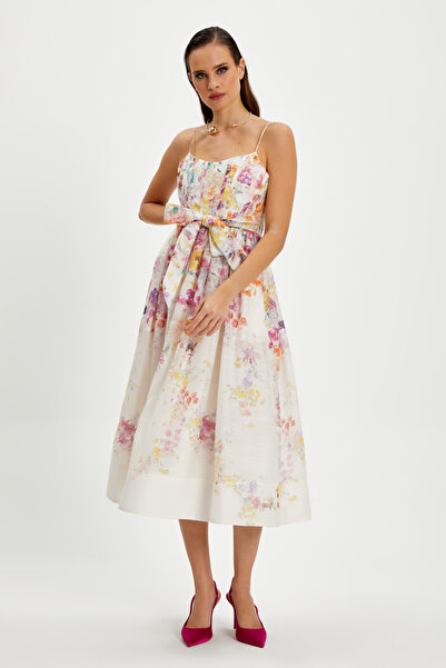 SERPİL Kadın Askılı Çiçek Desenli Midi Elbise – Korsaj Detaylı, Astarlı