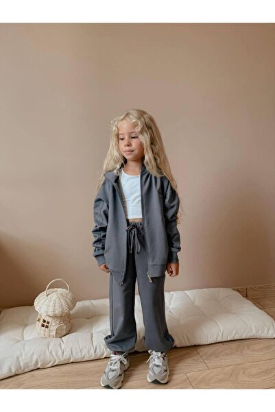 RAPAPA Girl's Zippered Tracksuit Set - Gray Color (Set of 2) 0108