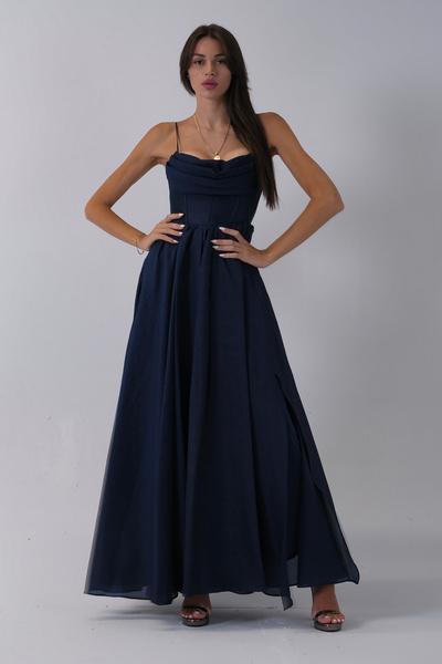 Feminist İnce Askılı Uzun Şifon Abiye Elbise Lacivert 08020031
