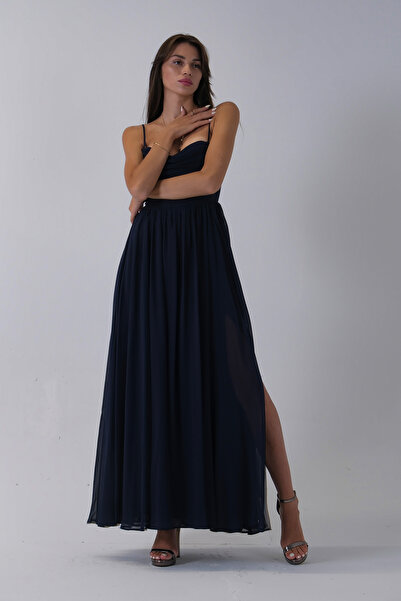 Feminist Askılı Drapeli Uzun Şifon Abiye Lacivert 08020032
