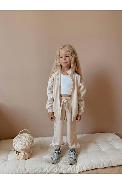 RAPAPA Girl's Zippered Tracksuit Set - Beige Color (Set of 2) 0108