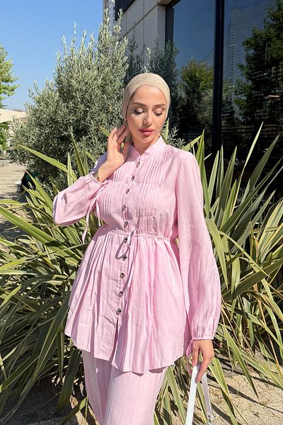 Tesettür Diyarı Summer Fabric Tril Tril Suit with Buttoned Tunic - Pink