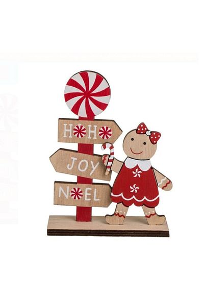Jumbo Christmas Wooden Decoration, Cane & Gingerbread, 'HO HO Joy Noel', 15 cm