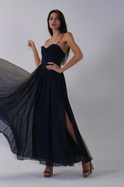 Feminist Askılı Drapeli Uzun Şifon Abiye Lacivert 08020032