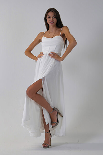 Feminist Askılı Drapeli Uzun Şifon Abiye Beyaz 08020032