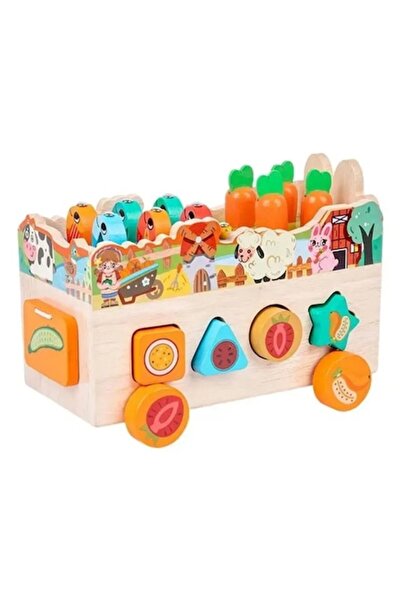 Toy Jucarie Educativa din Lemn cu Functii Multiple - Carucior Sortator si Pescuit Magnetic