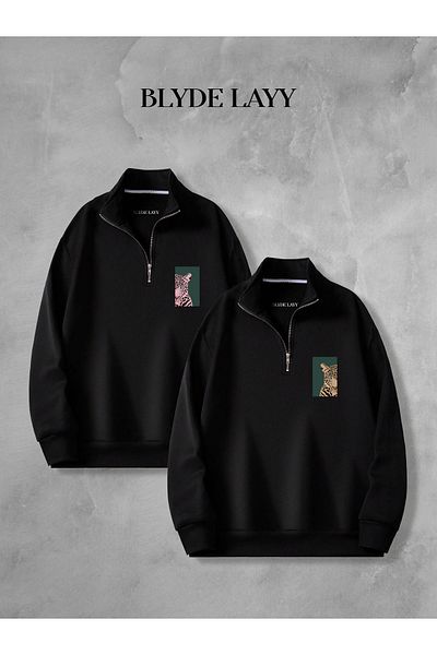 BLYDE LAYY Leopard Design Black 3-Thread Half Zipper Double Sweatshirt Lover Couple Combination