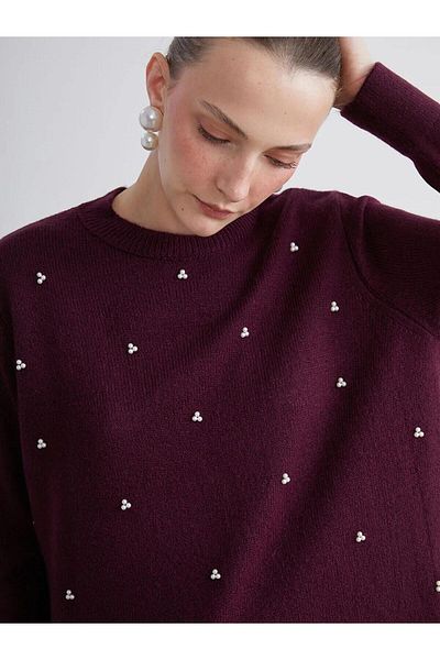 LC Waikiki LCWAIKIKI Pulover clasic pentru femei, cu decolteu rotund, brodat cu margele (W5)