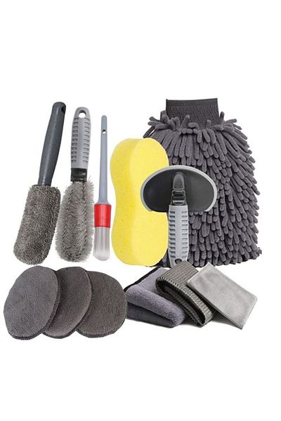 Flo Set 12 accesorii pentru curățarea mașinii, interior și exterior, jante și anvelope, gri