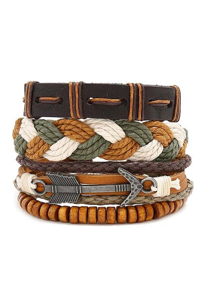 MBrands Multilayer Bracelet Set for Men, Made of Genuine Leather Brown/White/Green