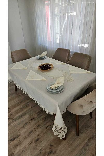 ZESA HOME Luxury Gardenia Linen 8 Seater 18 Piece Heavy Lace Stain Resistant Tablecloths -160X200...160X300