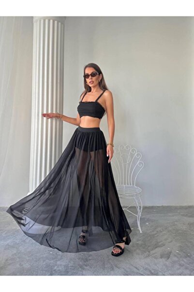 LOVE GO Elegant Gathered Crop and Tulle Maxi Skirt Set