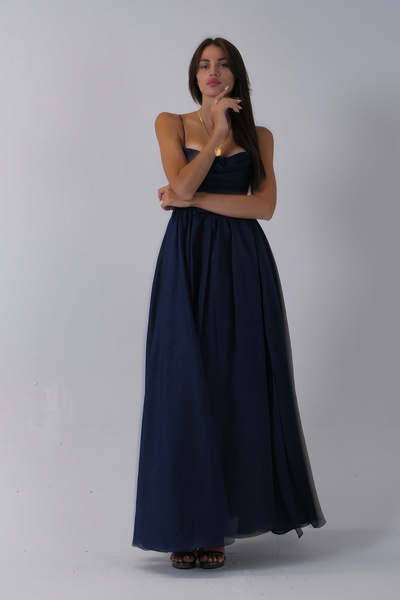 Feminist İnce Askılı Uzun Şifon Abiye Elbise Lacivert 08020031