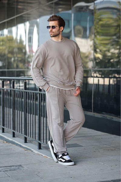 Madmext Painted Gray Crew Neck Basic Men's Tracksuit Set E7323
