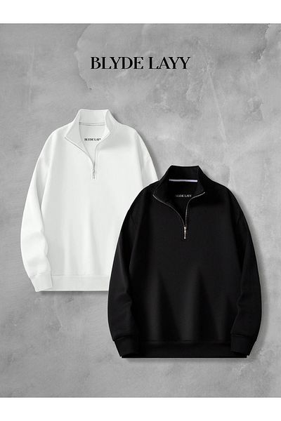 BLYDE LAYY Black-White Plain Unprinted 3-Thread Half Zipper Double Sweatshirt Lover Couple Combination