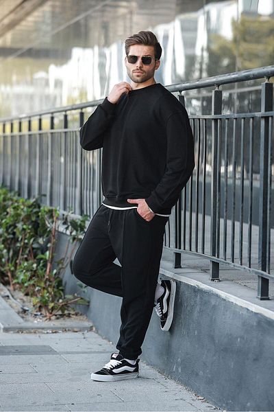 Madmext Black Crew Neck Basic Men's Tracksuit Set E7323