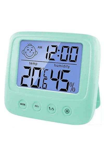 Rao Digital thermometer for children's room, built-in hygrometer and clock display, turquoise